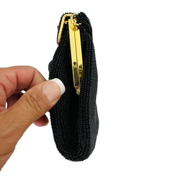 Vintage Black Seed Bead Evening Bag ~ Retro ART DECO Style Gold Frame JAPAN - Picture 3 of 9